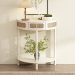 Half-Round Solid Wood Console Table with Authentic Rattan Detailing for Entryway and Living Room - Image 4