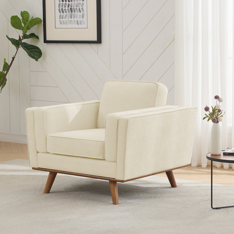 Chenille+Armchair+With+Solid+Wood+Legs-2136371747 Contemporary Upholstered Armchair with Solid Wood Legs - Image 1