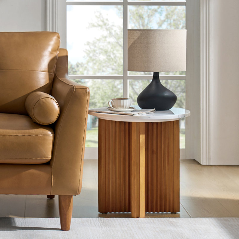 Comsa+19.75_H+Modern+Fluted+Minimalistic+Natural+Marble-Top+Solid+Wood+Base+End+Table Solid Wood End Table with Natural Marble Top - Image 1