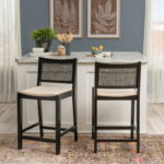 Cane Back Upholstered Counter Bar Stools with Solid Wood Base (Set of 2)