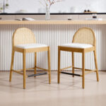 Modern Bar Stools with Rattan Backrest and Solid Wood Frame (Set of 2) - Image 3