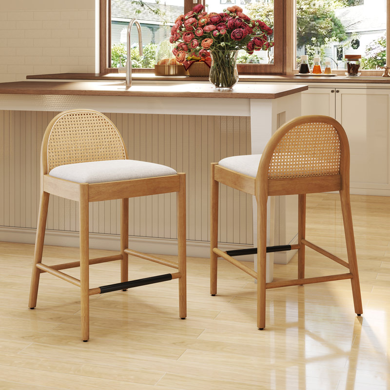 Emington+Modern+Stools+with+Rattan+Backrests+and+Wood+Frame-1163402653-1163402652 Modern Bar Stools with Rattan Backrest and Solid Wood Frame (Set of 2) - Image 1