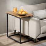 Wooden C-Shaped End Table with Metal Base for Sofa and Bedside Use