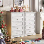 Natural Solid Wood Chest with 10 Drawers – Striped Surface Design for Bedroom Storage