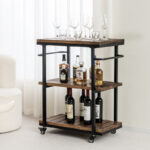 Industrial 3-Tier Wooden Bar & Beverage Cart