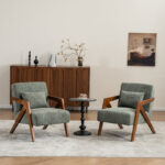 Set of 2 Solid Wood Accent Armchairs with Upholstery and Additional Pillow