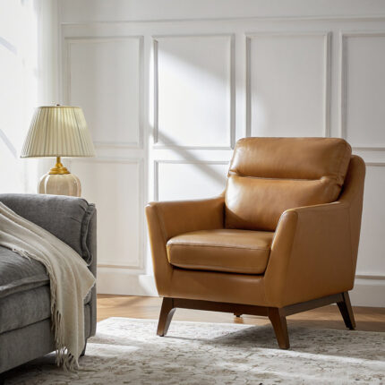 Leather Upholstered Armchair with Solid Wood Legs