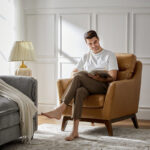 Leather Upholstered Armchair with Solid Wood Legs - Image 6