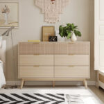 Solid Sheesham Wood 6-Drawer Double Dresser with Wave-Form Fluted Front Panels – 52” Wide Bedroom Storage Chest