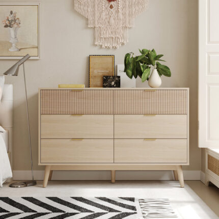Solid Sheesham Wood 6-Drawer Double Dresser with Wave-Form Fluted Front Panels – 52” Wide Bedroom Storage Chest
