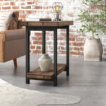 Rustic Wood End Table with Metal Legs and Two-Tier Storage Design