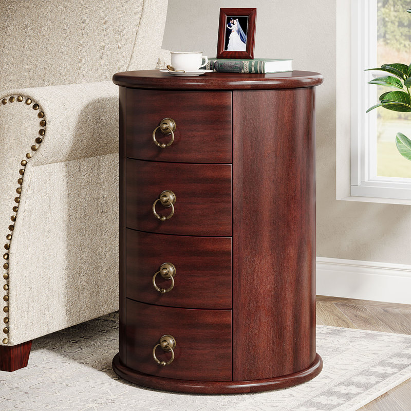 Solid+Wood+Round+Side+Table+With+4+Drawers-73017040 Solid Wood Round Side Table with 4 Drawers - Image 1