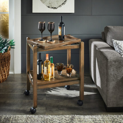 Wood-Finish Bar Cart with Dual Detachable Trays