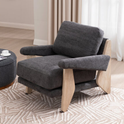 Coffee Chenille Upholstered Armchair with Wooden Base for Living & Lounge Corners