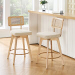 Bar Stools with Rattan Cane Backrest and Solid Wood Base for Counters (Set of 2) - Image 12