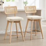 Bar Stools with Rattan Cane Backrest and Solid Wood Base for Counters (Set of 2)