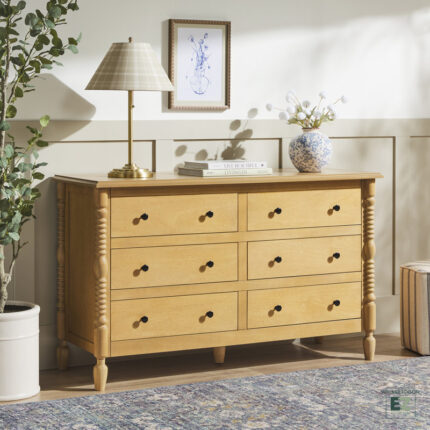 Solid Sheesham Wood Spindle Chest with 6 Storage Drawers for Bedroom