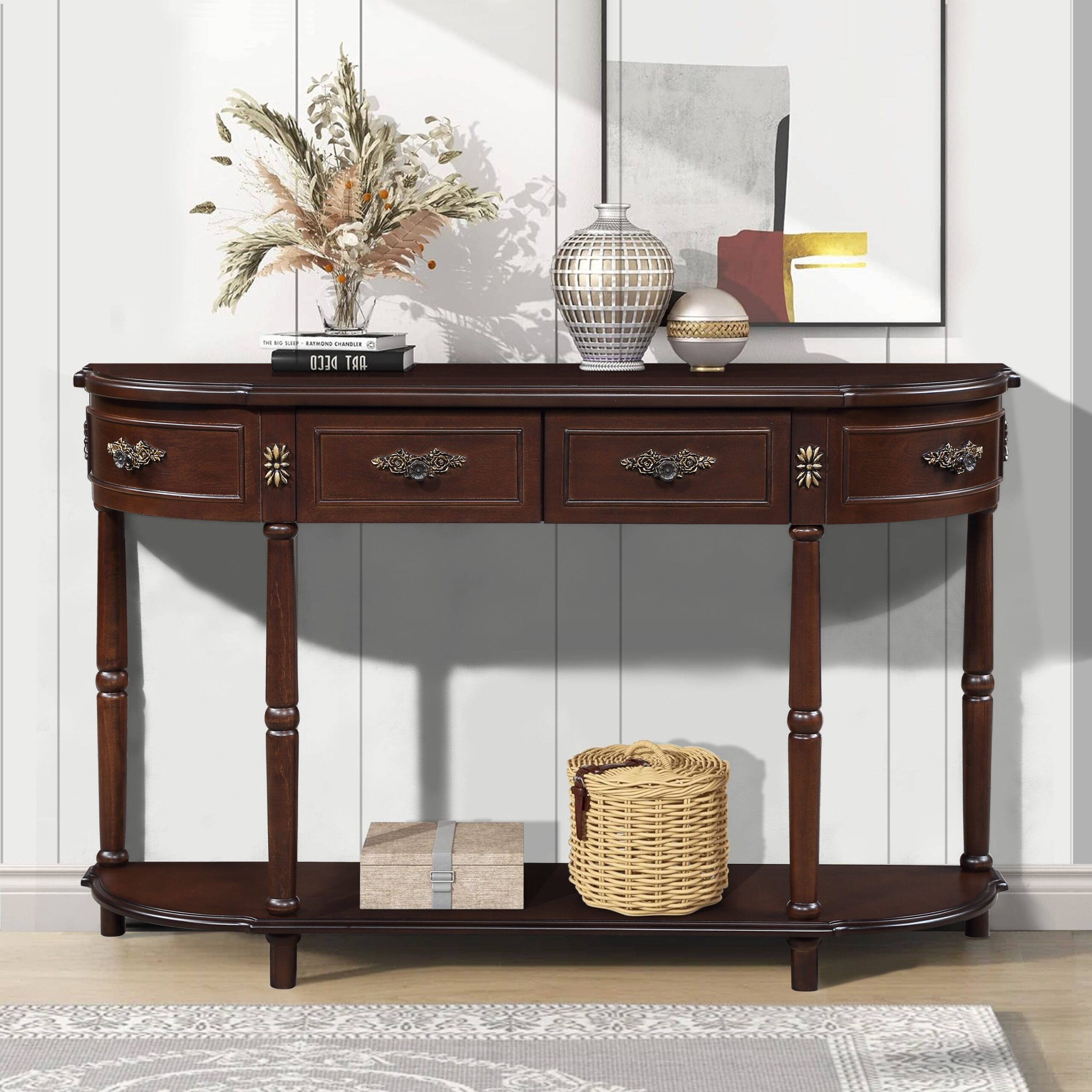 a6f771bac94645cb9a3a46944dce2e88 Retro Arc-Shaped Solid Wood Console Table for Stylish Entryways and Living Rooms - Image 1