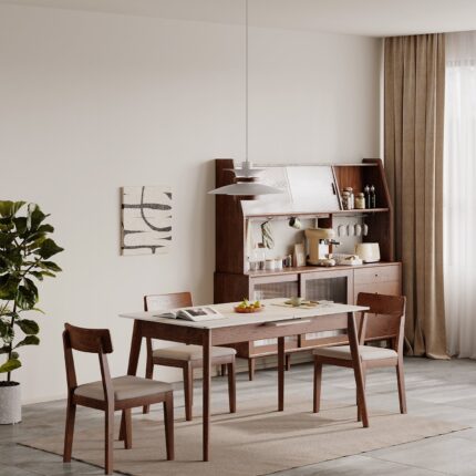 Extendable Solid Wood Dining Table in Walnut Finish with Elegant Marble-Look Top