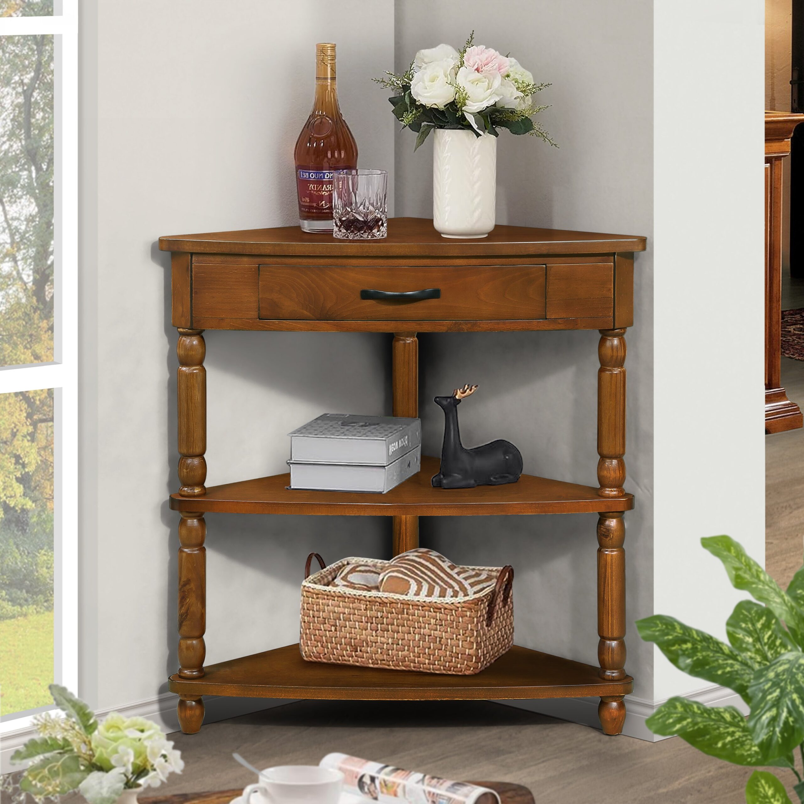 f1101e0e809045c59b315df0f12d66c5 Brown Wooden Triangular Console Table for Compact Indian Spaces - Image 1