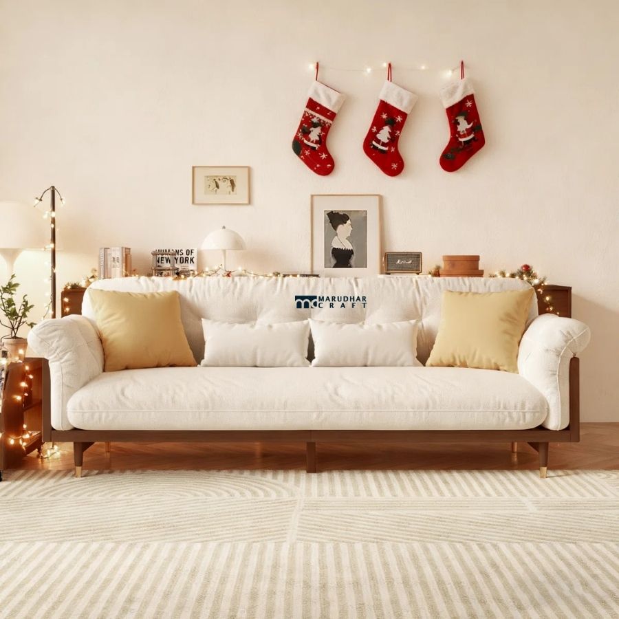 1 Wooden Frame Fabric 3-Seater Sofa (Ivory White) - Image 1