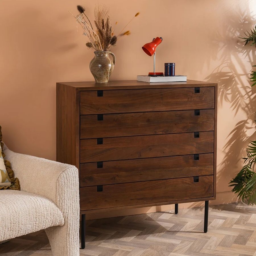 1 Acacia Wood Umber Finish Chest of 5 Drawers – Modern Minimalist Storage Cabinet - Image 1