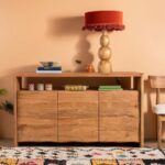 Acacia Wood Natural Finish Sideboard with 3 Cupboards & Open Shelf