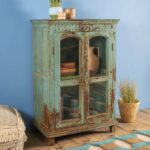 Slate Blue Vintage Wooden Display Cabinet with Glass Doors
