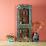 Vintage Dark Blue Wooden Wall Showcase Cabinet with Glass Doors