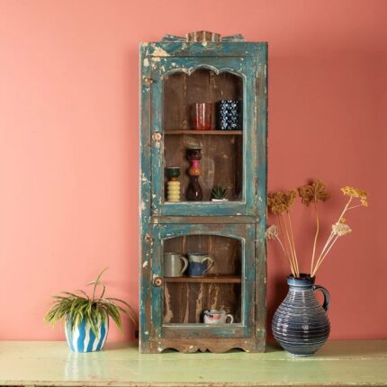 Vintage Dark Blue Wooden Wall Showcase Cabinet with Glass Doors