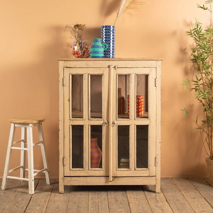 10 Cream Vintage Wooden Display & Storage Cabinet with Glass Panels - Image 1