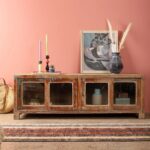 Vintage Wooden Low Sideboard with Glazed Sliding Doors