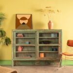 Light Green Vintage Wooden Showcase with Sliding Glass Doors