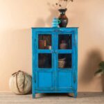 Bright Blue Vintage Wooden Cabinet with Glass Doors