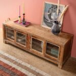 Vintage Wooden Low Sideboard with Glazed Sliding Doors - Image 4