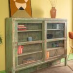 Light Green Vintage Wooden Showcase with Sliding Glass Doors - Image 3