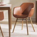 Faux Leather Dining Arm Chair with Wooden Legs (Tan Brown)