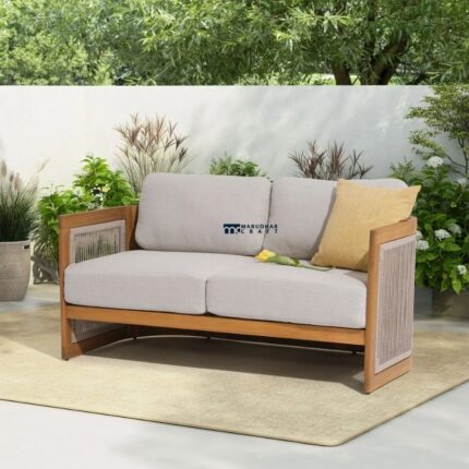 Wooden 2-Seater Sofa with Cane Side Panels