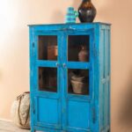 Bright Blue Vintage Wooden Cabinet with Glass Doors - Image 3