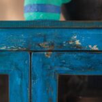 Bright Blue Vintage Wooden Cabinet with Glass Doors - Image 4