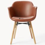 Faux Leather Dining Arm Chair with Wooden Legs (Tan Brown) - Image 2