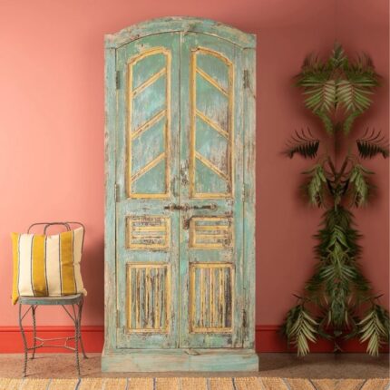 Vintage Light Blue & Yellow Wooden Almirah