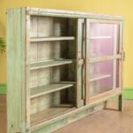 Light Green Vintage Wooden Showcase with Sliding Glass Doors - Image 2