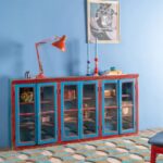 Red & Blue Vintage Wooden Wall Showcase with Glass Doors