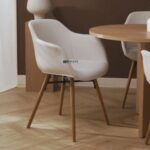 Upholstered Dining Arm Chair with Wooden Legs (Ivory White)