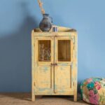 Vintage Pale Yellow Wooden Cabinet with Glass Doors