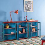 Red & Blue Vintage Wooden Wall Showcase with Glass Doors - Image 4