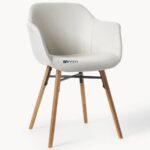 Upholstered Dining Arm Chair with Wooden Legs (Ivory White) - Image 2