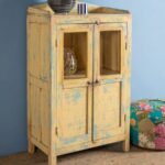 Vintage Pale Yellow Wooden Cabinet with Glass Doors - Image 3