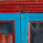 Red & Blue Vintage Wooden Wall Showcase with Glass Doors - Image 5